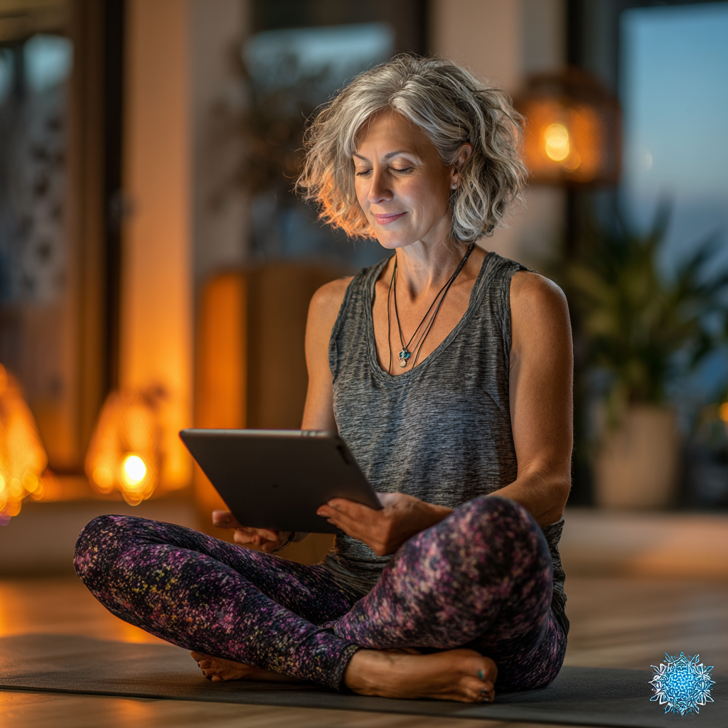 Жінка віком 52 років практикує йогу вдома, слідуючи онлайн-уроку на планшеті