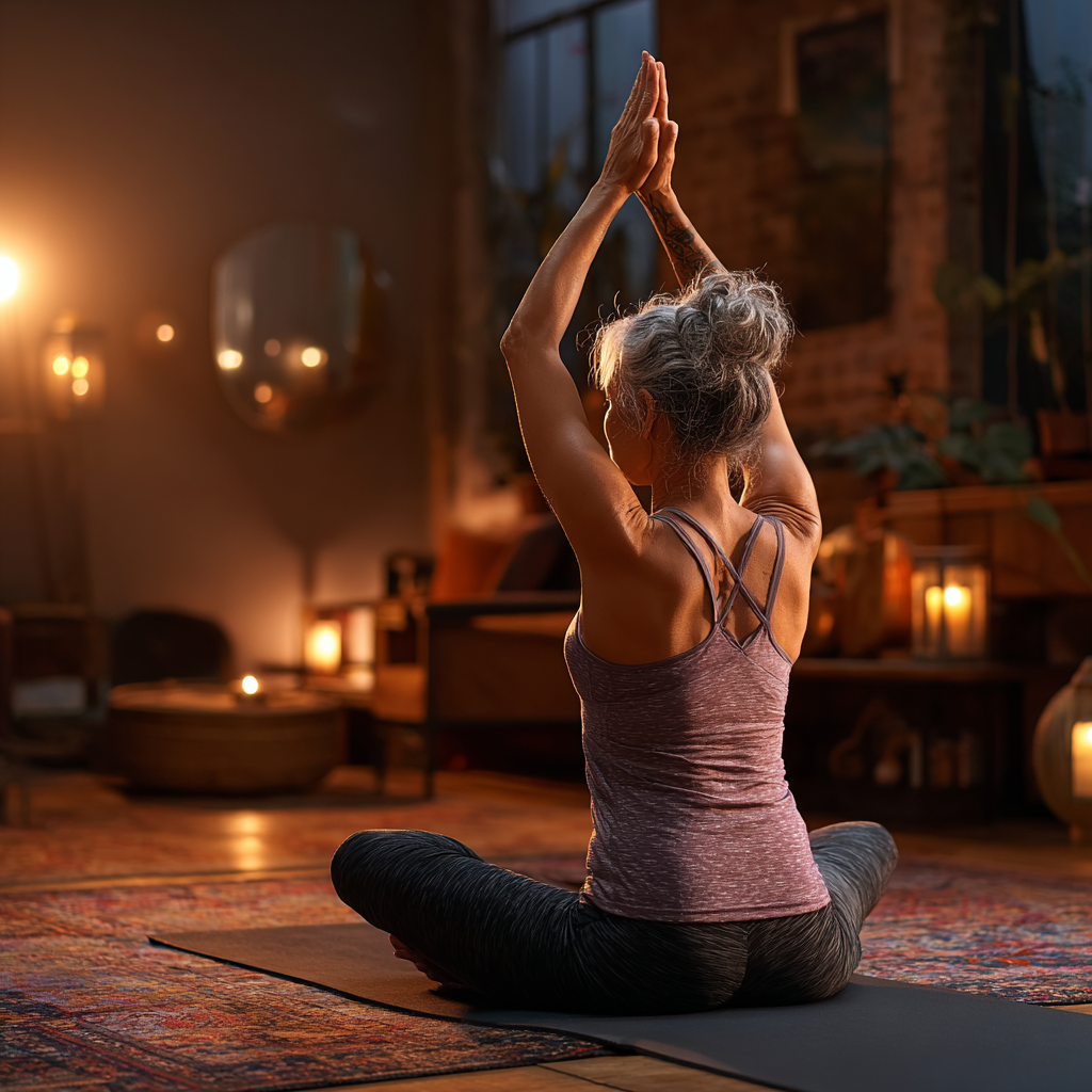 Жінка віком 55 років виконує асану на йога-маті в затишній студії з м'яким освітленням