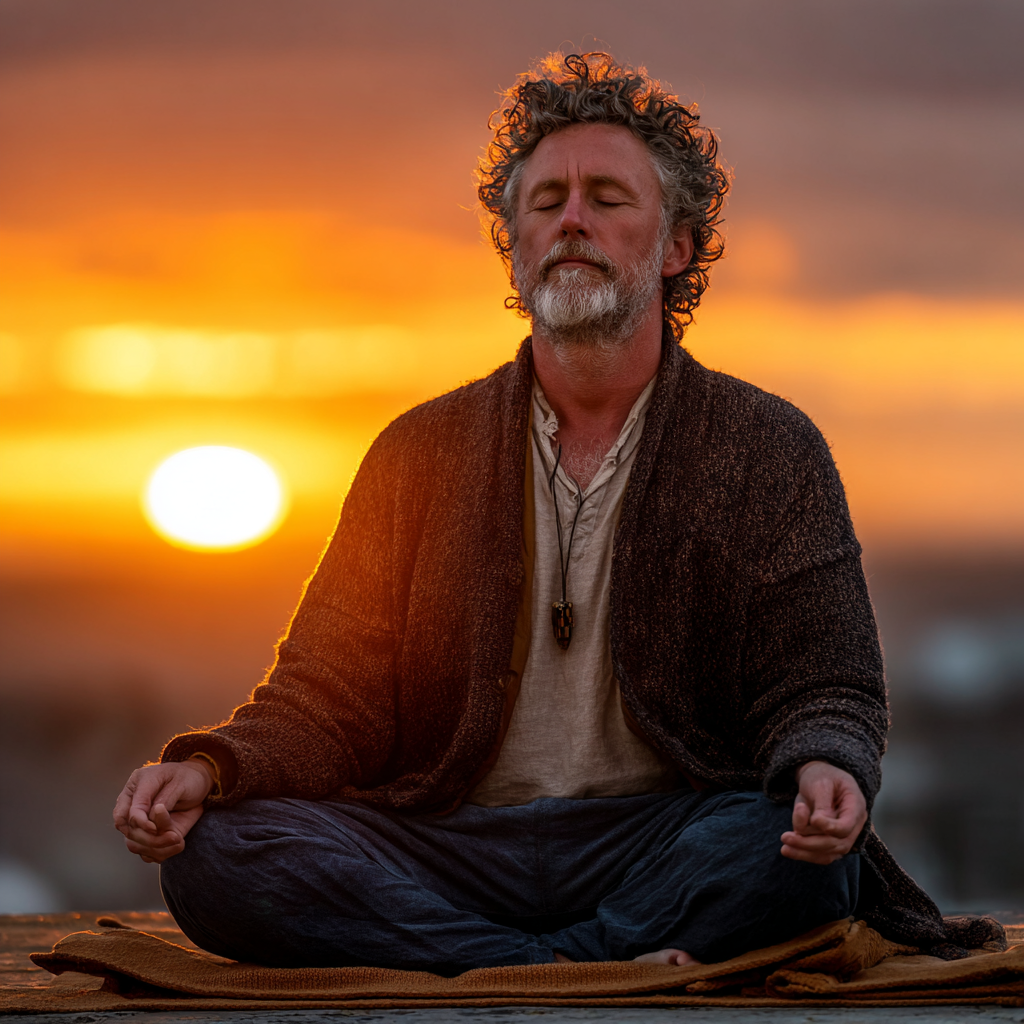 Чоловік віком 58 років медитує в позі лотоса на природі під час заходу сонця